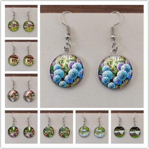 Fashion flower house art painting earrings glass round white horse animal earrings decoration, jewelry gifts for girls