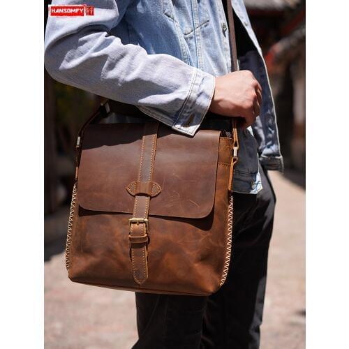 New Mens Shoulder Bag Genuine Leather Diagonal Bag Vertical Messenger Bags Retro Youth Tide Crossbody Bag Crazy Horse Leather