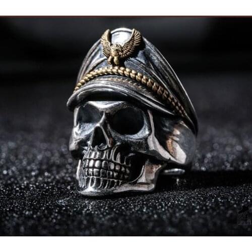 New 100% real S925 pure silver jewelry ring for male fashion WWII skull officer domineering mens ring Thai silver ring for Man