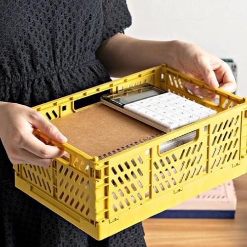 Solid Color Household Collapsible Plastic Hamper Crate Box Foldable Stackable Home Desktop Warehouse Storage Basket Dropshipping