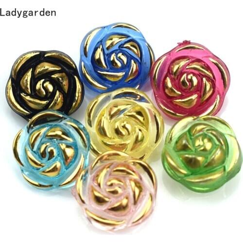 200PCS Golden Embellishment Rose Flower Shape Resin Buttons Mixed Translucent Shirt Button Handmade Sewing Accessories 13MM