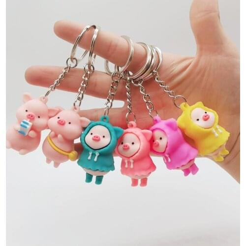 PVC Cartoon Raincoat Pig Doll Metal Keychain Pink Yellow Blue Trinket Girl Boy Pendant Bag Car Key Ring Jewelry Lanyard Gift
