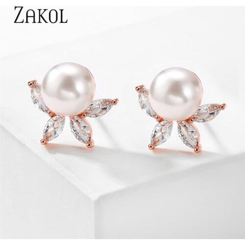 ZAKOL Classic Big Round Simulated Pearl Stud Earrings for Women Shinny Zirconia Crystal Bridal Wedding Party Fashion Jewelry