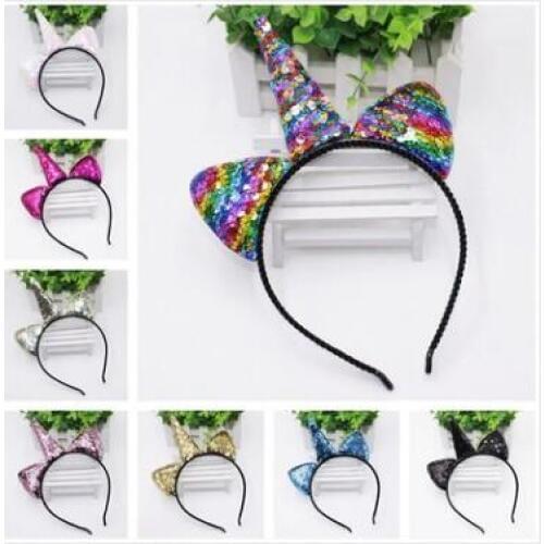 Cute Can Flip Sequins Glitter Unicorn Hairband Rainbow Unicorn Cat Ears Kid Party Cartoon Headband Hair Accessories For Women