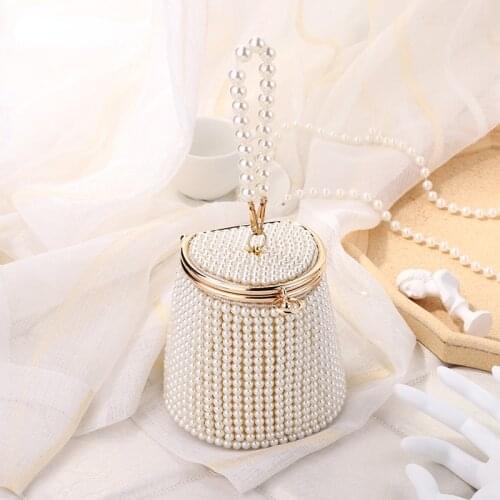 Mini Pearls Bucket Evening Bag Women New Chic Beading Wedding Bridal Clutch Purse Female Handmade Small Handbags Dinner Party