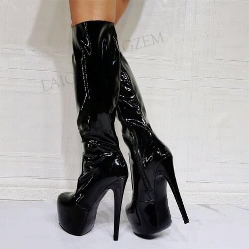SEIIHEM Women Knee High Boots Platform Full Zip Up Stiletto Heels Boots Shiny Handmade Party Botas Shoes Woman Big Size 42 44 52