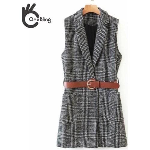 OneBling 2021 women ZA Grey plaid pattern long vest coat with belt office waistcoat sleeveless blazer elegant Female top