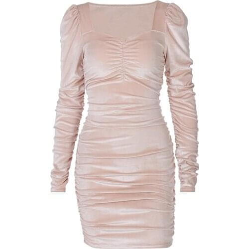 Dulzura Velvet Ruched Long Sleeve Mini Dress Puff Sleeve Square Collar Bodycon Party Elegant Sexy Club 2020 Autumn Winter Solid