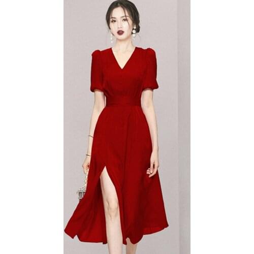 New Summer V-Neck Mesh Slit Sexy High-End Dress For Women Fashion Elegant A-Line Simple Vintage Evening Party Dresses Vestidos