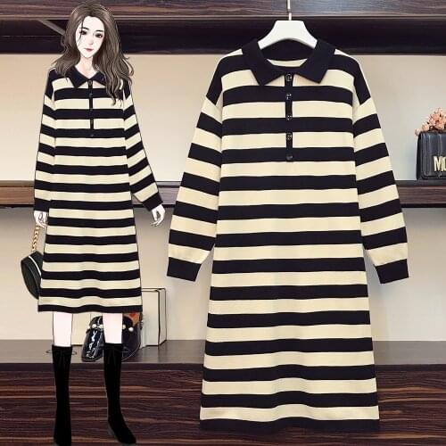 Striped Knitted Long Sleeved Midi Plus Large Size Oversize Korean Fashion Kawaii WomenS Elegant Dresses Autumn 2021 Clothing