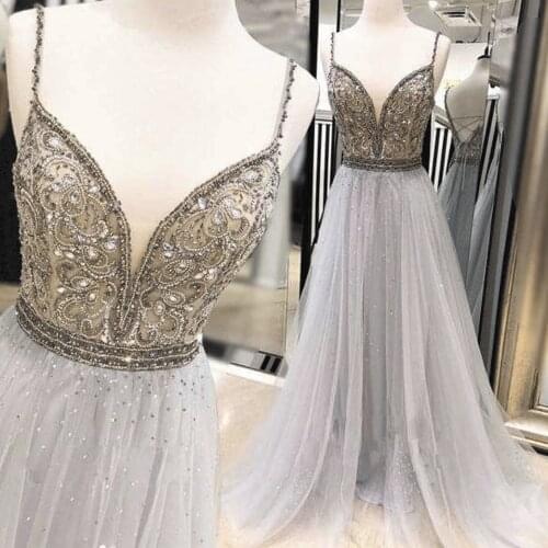 SuperKimJo Silver Prom Dresses 2019 Sparkle Beaded Real Photo Elegant Prom Gown Vestido De Fiesta De Gala