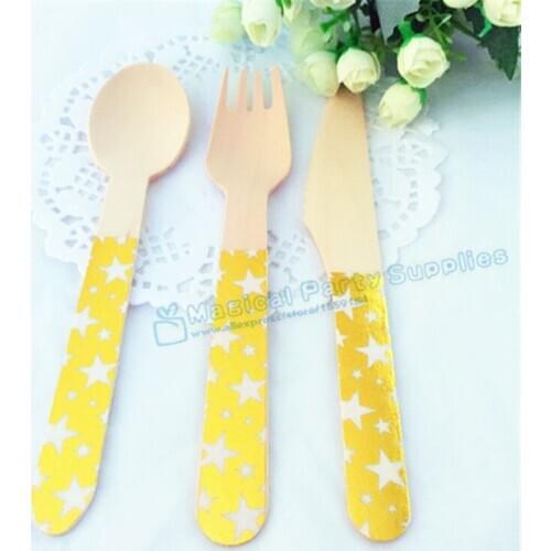 36pcs Foil Gold Star Spoons Forks Knives Party Supplies Glitter Gold Disposable Wooden Cutlery for Wedding Favor Twinkling