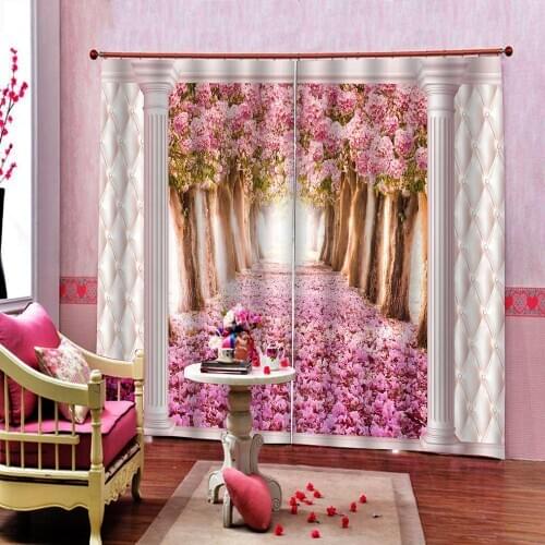 Custom European Cylindrical Romantic Pink Flowers Trees Forest Photo Curtain For Living room Bedroom Blackout Window Drapes Sets
