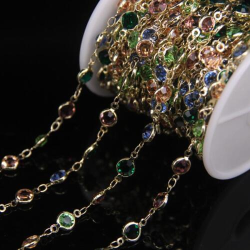 6mm Multi-color Glass Faceted Flat Round Beads Coin Glass Rosary Chains,Gold Plated Wire Wrapped Copper Woman Sweater Chains