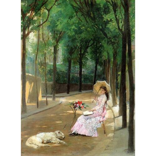 Free shipping court figure canvas prints oil painting woman dog landscape printed on canvas home wal art decoration picture
