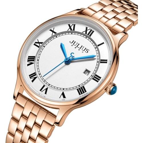 Auto Date Julius Womens Watch Japan Mov't Hours Elegant Fashion Clock Stainless Steel Chain Bracelet Girls Gift Box