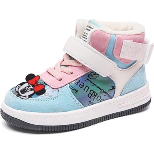 Disney childrens cartoon Mickey Mouse girls casual shoes sports shoes soft sole student running shoes plus velvet to keep warm
