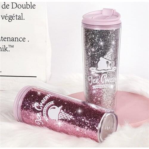 Travel Mug Glitter Cup Ice Cream Pattern Thermos Cups Double-Layer Plastic Coffee Mugs With Flip Design Water Bottle
