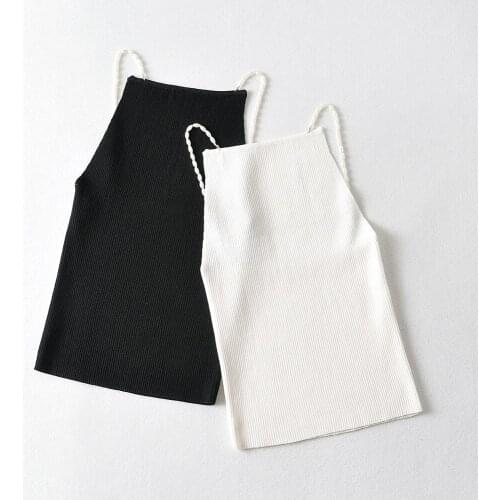 European and American slim French flat shoulder knitted ice silk pearl camisole women dldd591