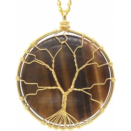 FYSL Light Yellow Gold Color Wire Wrap Tiger Eye Stone Pendant Link Chain Necklace Green Aventurine Jewelry