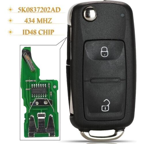 Kutery 2 Buttons Remote Car Key Fob 434Mhz ID48 For VW Caddy Eos Golf Jetta Beetle Polo Up Tiguan Touran 5K0837202AD