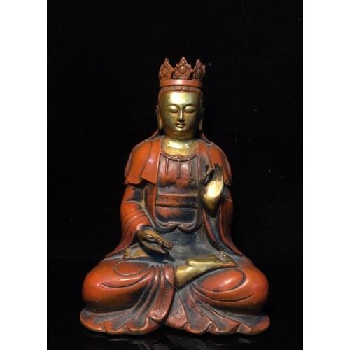10"Tibet Temple Collection Old Bronze Cinnabar Gilt Guanyin Bodhisattva Sitting Buddha Ornaments Town House Exorcism