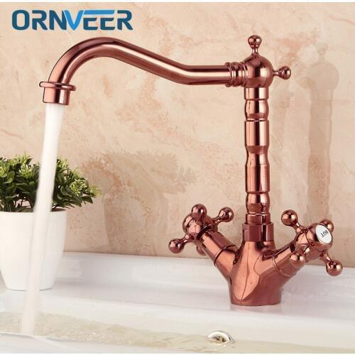 Royal Gold Plated Single Hole Double Wheel Handle Bathroom Faucet Long Mouth Swivel Rose Gold Basin Sink Mixer Tap RG-027
