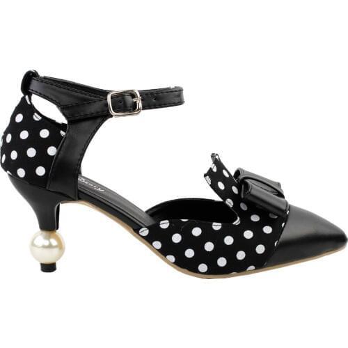 LF60416 Black White Two Tone Spot Polka Dots Bridal Evening Pointed Toe Pearl Heel Pump