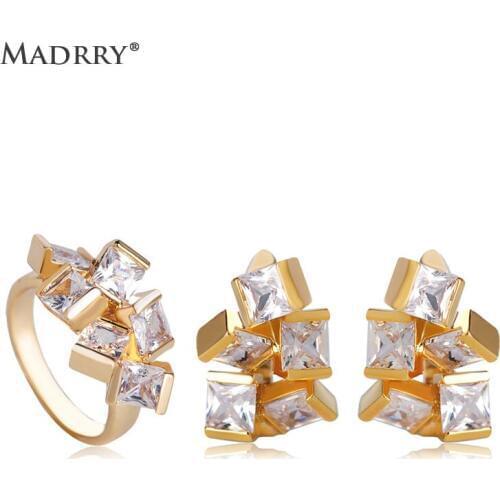 Madrry Fashion Earring & Ring Sets Micro Inlay Square Zircon Stud Earrings Rings For Women Ear Clasp Copper Jewelry Accessories