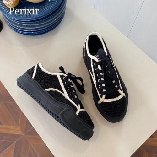 Perixir Plush Womens Shoes Plus Velvet Cotton Shoes 2020 Winter New Flat Bottom Warm Sports Casual Shoes Shearling Shoe