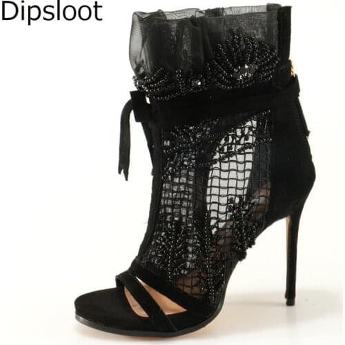 Sexy Summer Women String Bead Decor Fishnet Mesh Lace Patched Ankle Boots Stiletto Heels Female Open toe Dress Bottines Shoes