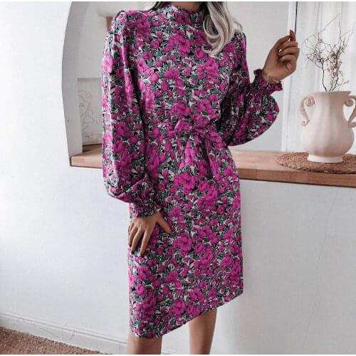 Autumn Spring Women Dress Fashion Stand-up Collar Floral Print Lantern Sleeve Beach Dresses Elegant Office Casual Dress Femme