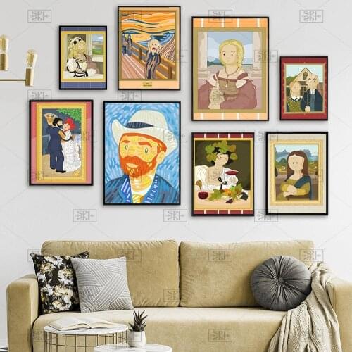 Funny Cartoon Famous Mona Lisa and Van Gogh Portrait Canvas Paintings Wall Art Poster Prints Modular Pictures for Living Room