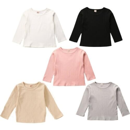 Newborn Kids Baby Boy Girl Simple Solid Ribbed Clothes Long Sleeve T-Shirt Spring Fall Tops 0-18M