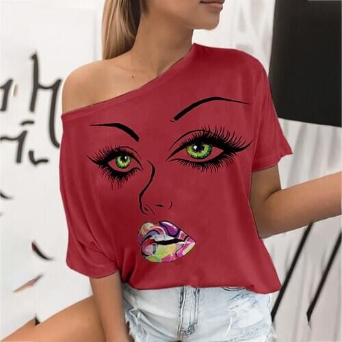 Plus Size 5XL Beautiful Face Print Fashion Women One Shoulder Casual 2021 Summer Tops Casual Short Sleeve T-shirt Harajuku Shirt