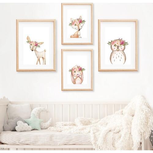 Pink Peonies Woodland Animals Nursery Wall Art Canvas Painting Pictures Boho Fox Deer Rabbit Owl Posters Print Baby Room Decor