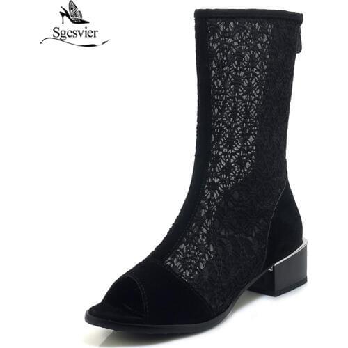 Sgesvier Women ankle Boots breathable Motorcycle Boots peep toe black sandals lace shoes sexy hollow out women shoes G171