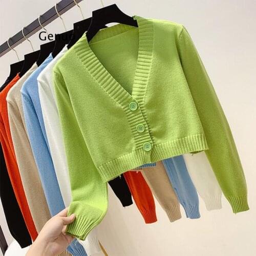 Knitted Crop Cardigan Women Korean Short Sweater Long sleeve V neck Green Blue