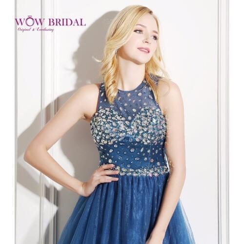 Wowbridal Blue Short Homecoming Dresses 2021 Backless Beaded Open Back Chiffon 8th Grade Prom Dresses
