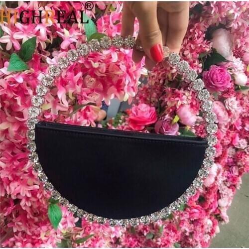 Women INS Diamond Circular Evening Bag Women Round Handle Rhinestone Dinner Clutch Purse Ladies Half Moon Handbag Purse