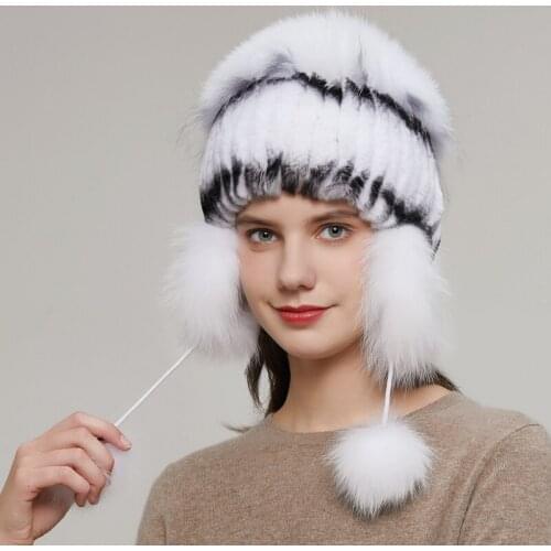 Natural fur hat women winter knitted rabbit rex rabbit hand-sewn real fur warm fox fur ball ear protection hot sale 20HY-14