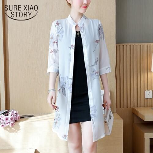 New Stripe Floral Women Blouse Tops 2021 Summer Beach Style Sun Protect Long Shirts Women Loose Chiffon Cardigan Clothes 9126 50