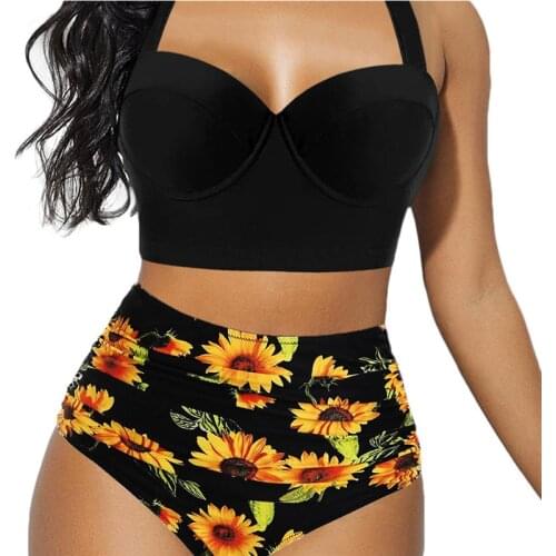 Women Push Up Bikini Set Bra Padded Swimwear Bandage Swimsuit Bathing Suit Two Piece Sunflower Floral Swimsuits Swimwear Bikini