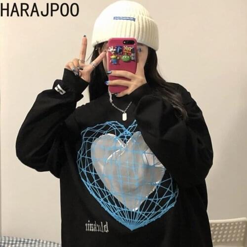 Harajpoo Women Sweatshirt Spring Autumn 2021 New Korean BF Love Printing Loose Round Neck Casual Fashion Pullover Without Cap