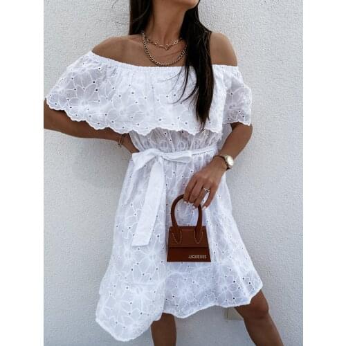 White Lace Mini Dresses Women Hollow Out O-neck High Street A-line Sexy Embroidery Short Dresses Summer 2021 New vestidos