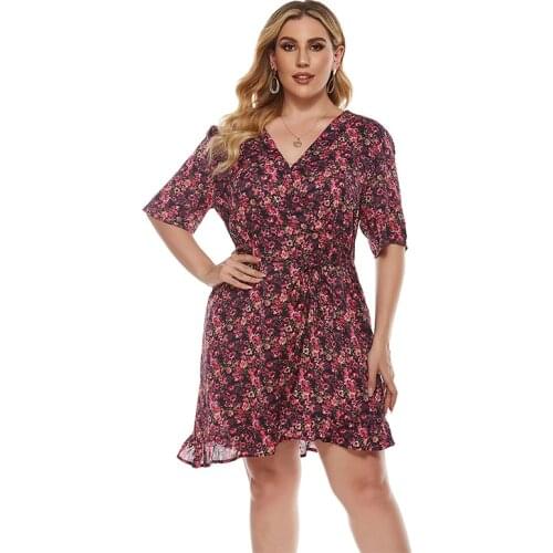 DOIB Women Red Floral Print Chiffon Dress Plus Size V Neck Half Sleeve Dress 2021 Summer Fashion Female Dress