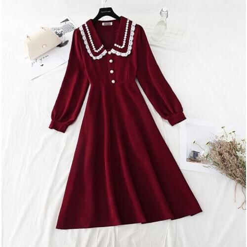 2021 Autumn New WomenS Dress Elegant A-Line Dresses Women Peter Pan Collar Long Sleeve Red Black Blue Vintage Dress