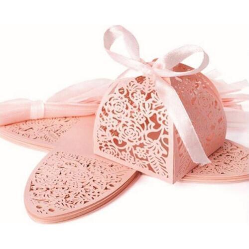 100pcs Laser Cut Rose Flower Candy Boxes Bag Guest Favors Gift Boxes Package Baptism with Ribbon Birthday Wedding Party Supplies