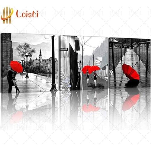 3pcs Romantic couple in black and white with red umbrella Diamond Embroidery Diamond Painting Full Square round drill Home Decor