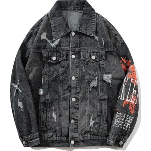 Tide Hip Hop Black/blue Hole Pleated Denim Jackets Male Bf Harajuku Style Printed Dead Leaf Pattern Washed Destroyed Jacket